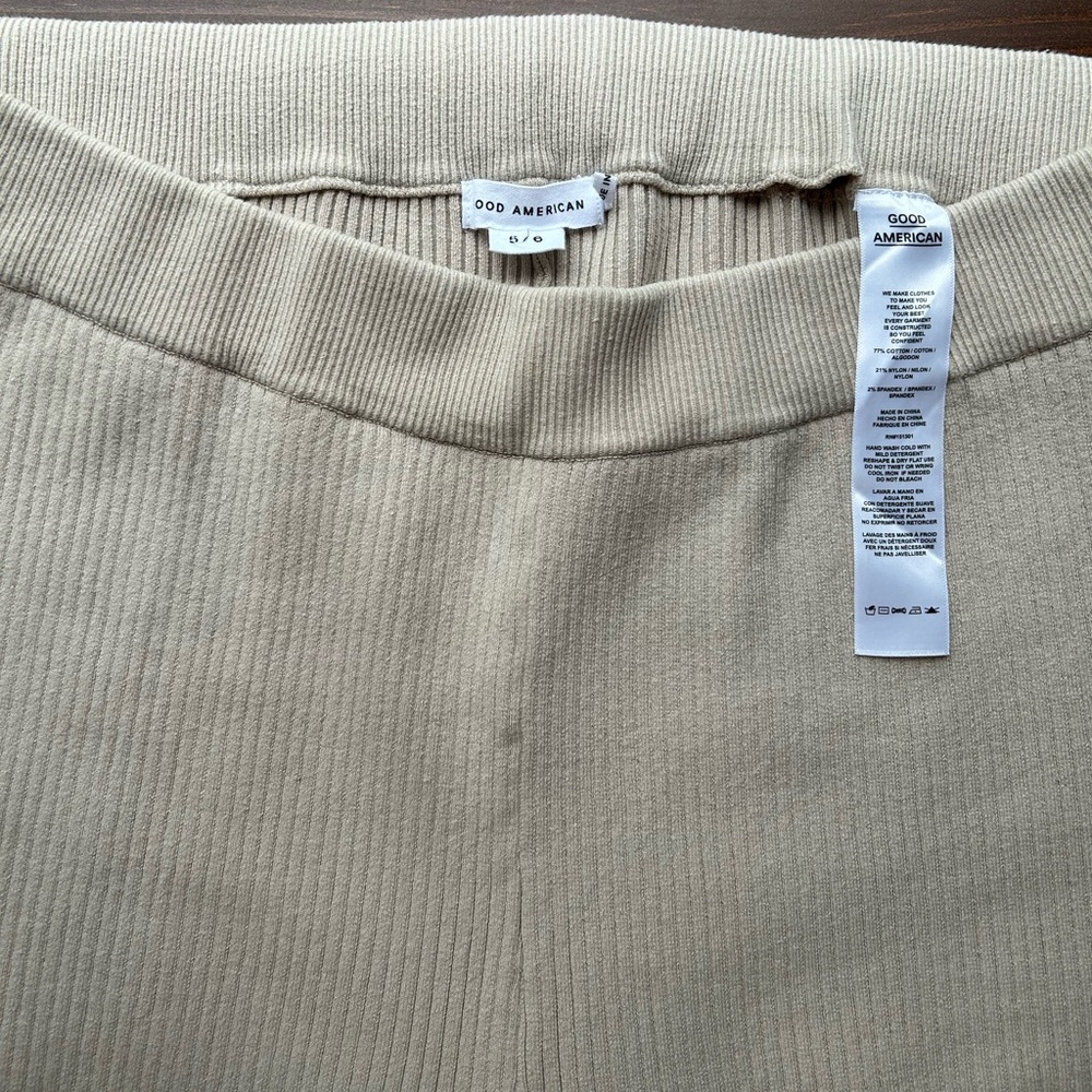 Good American L/XL Flared Beige Ribbed Pants w Elastic Waist and detailed hem - Picture 3 of 13